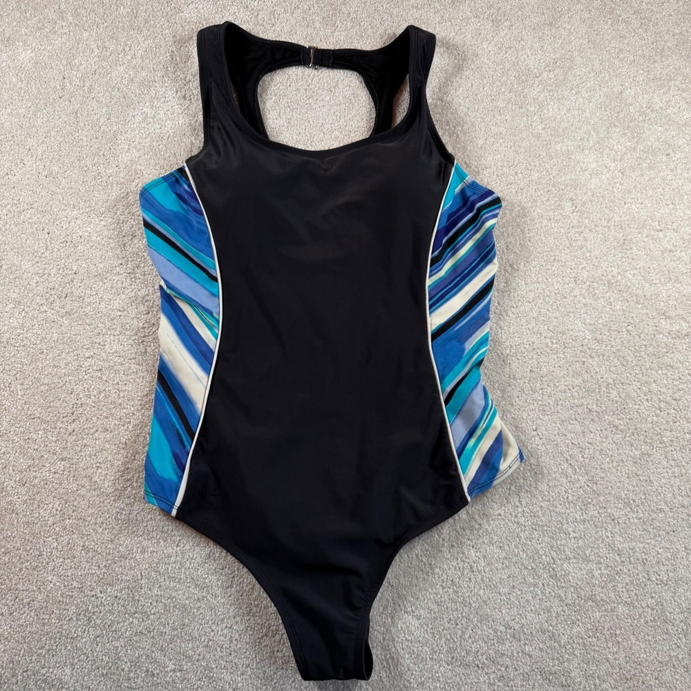 Catalina Womens XL 16-18 One Piece Swimsuit Black Blue Striped Racerback Sporty